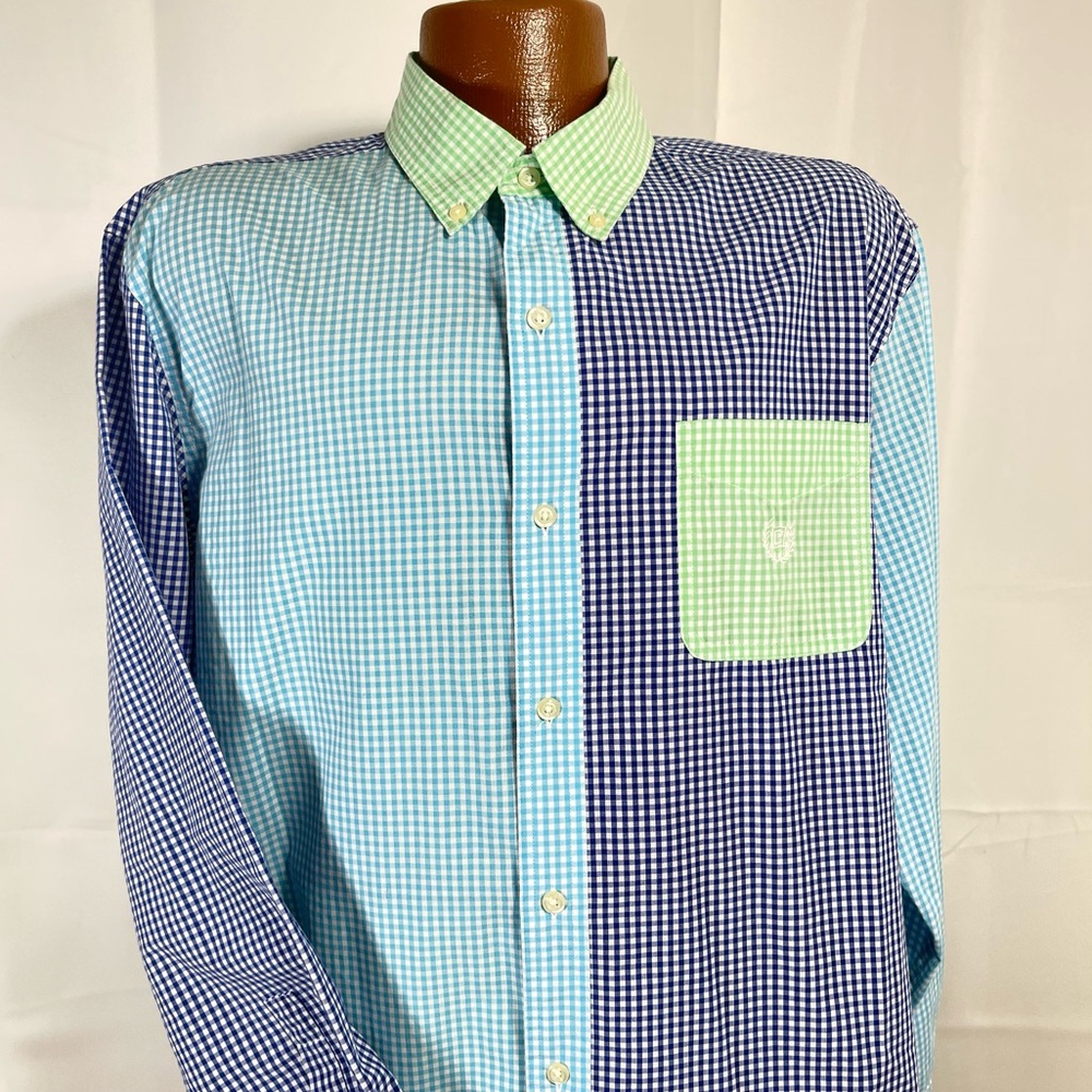 Gingham long sleeve shirt bright colorful blue patchwork colorblock button down